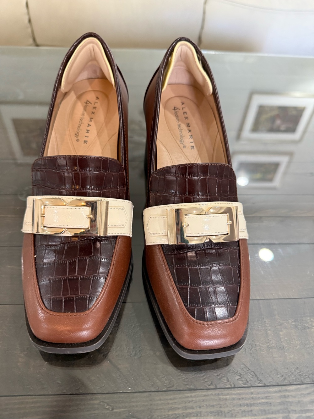 Alex Marie Brown Croc-Embossed Loafers with Cream Strap and Gold Buckle
